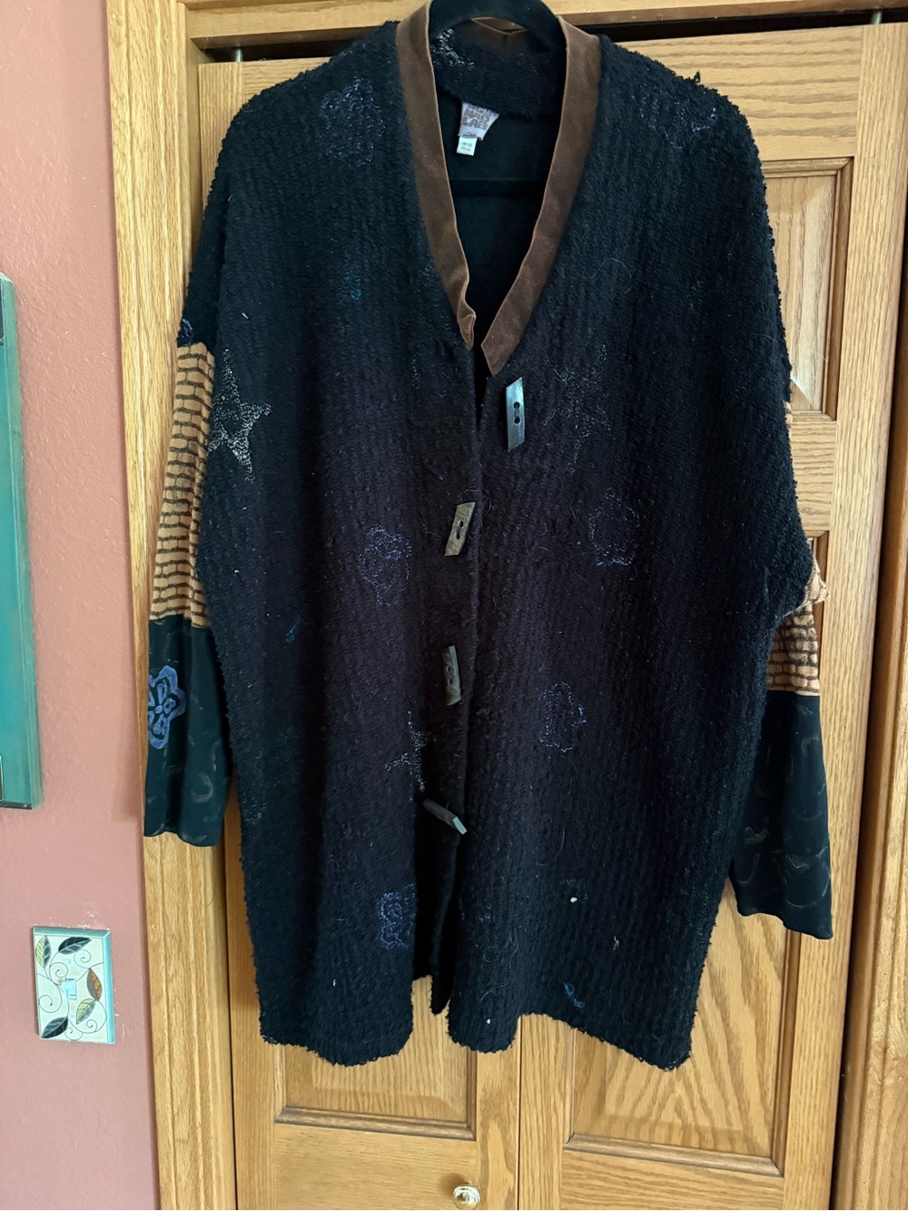 Women’s Black Cardigan with Brown Trim and Patterned Sleeves